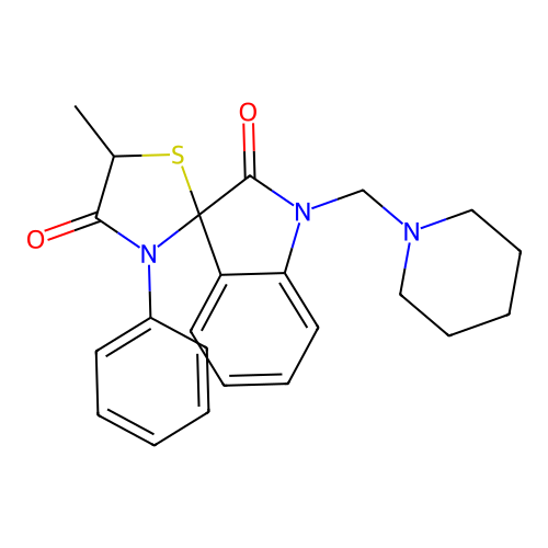 5-methyl-3-phenyl-1'-(piperidin-1-ylmethyl)spiro[1,3-thiazolidine-2,3'-indole]-2',4-dione structure