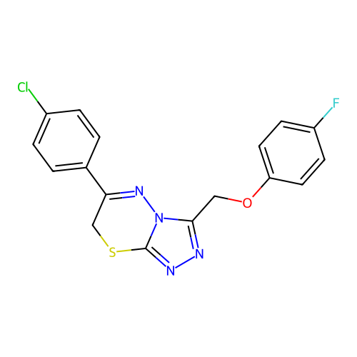 6-(4-chlorophenyl)-3-[(4-fluorophenoxy)methyl]-7H-[1,2,4]triazolo[3,4-b][1,3,4]thiadiazine structure