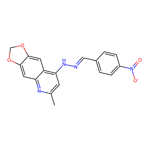 Benzaldehyde, 4-nitro-, (6-methyl-1,3-dioxolo[4,5-g]quinolin-8-yl)hydrazone structure