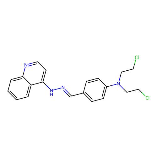N-[[4-[bis(2-chloroethyl)amino]phenyl]methylideneamino]quinolin-4-amine structure