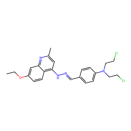 N-[[4-[bis(2-chloroethyl)amino]phenyl]methylideneamino]-7-ethoxy-2-methylquinolin-4-amine structure