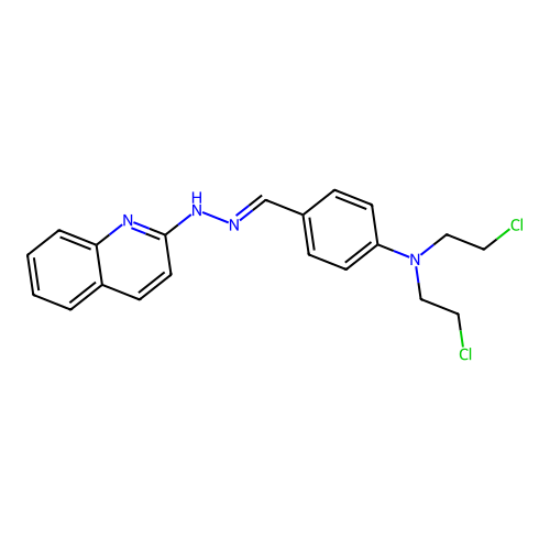 N-[[4-[bis(2-chloroethyl)amino]phenyl]methylideneamino]quinolin-2-amine structure