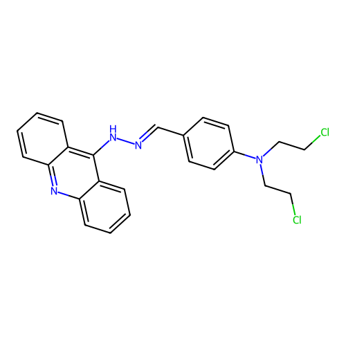 N-[[4-[bis(2-chloroethyl)amino]phenyl]methylideneamino]acridin-9-amine structure