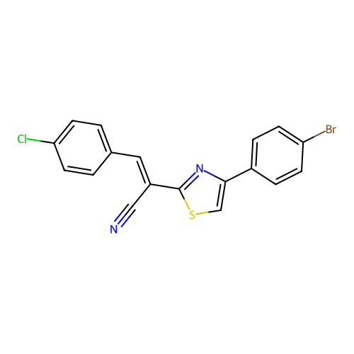 (E)-2-(4-(4-bromophenyl)thiazol-2-yl)-3-(4-chlorophenyl)acrylonitrile structure