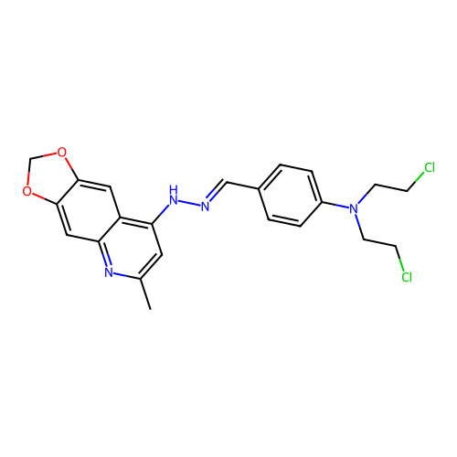 N,N-Bis(2-chloroethyl)-4-{(E)-[2-(6-methyl-2H-[1,3]dioxolo[4,5-g]quinolin-8-yl)hydrazinylidene]methyl}aniline structure