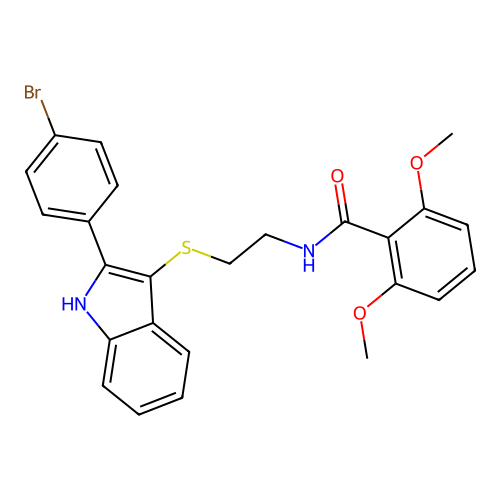N-(2-((2-(4-bromophenyl)-1H-indol-3-yl)thio)ethyl)-2,6-dimethoxybenzamide structure
