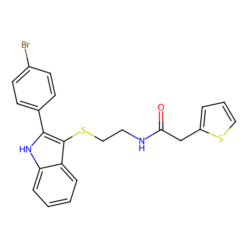 N-[2-[[2-(4-bromophenyl)-1H-indol-3-yl]sulfanyl]ethyl]-2-thiophen-2-ylacetamide structure