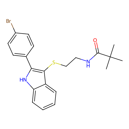 N-(2-((2-(4-bromophenyl)-1H-indol-3-yl)thio)ethyl)pivalamide structure
