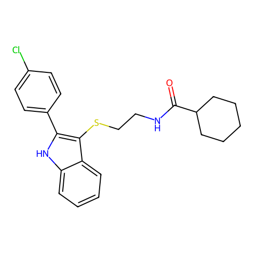 N-(2-{[2-(4-chlorophenyl)-1H-indol-3-yl]sulfanyl}ethyl)cyclohexanecarboxamide structure