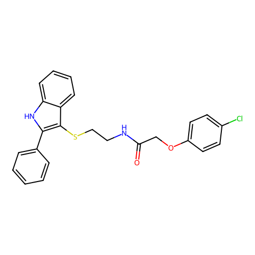 2-(4-chlorophenoxy)-N-(2-((2-phenyl-1H-indol-3-yl)thio)ethyl)acetamide structure