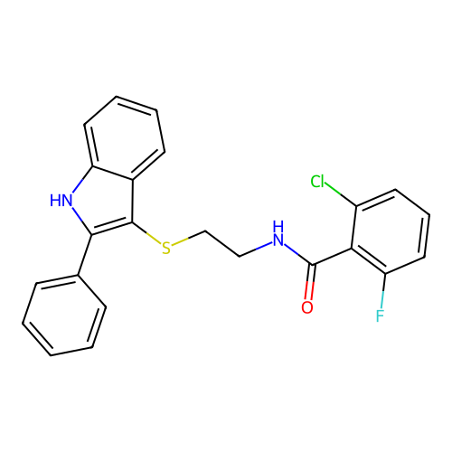 2-chloro-6-fluoro-N-(2-((2-phenyl-1H-indol-3-yl)thio)ethyl)benzamide structure