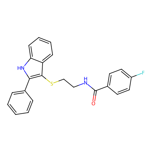 4-fluoro-N-(2-((2-phenyl-1H-indol-3-yl)thio)ethyl)benzamide structure