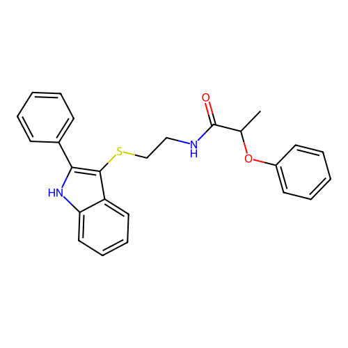 2-phenoxy-N-(2-((2-phenyl-1H-indol-3-yl)thio)ethyl)propanamide structure