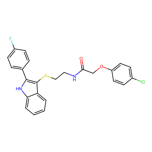 2-(4-chlorophenoxy)-N-(2-((2-(4-fluorophenyl)-1H-indol-3-yl)thio)ethyl)acetamide structure