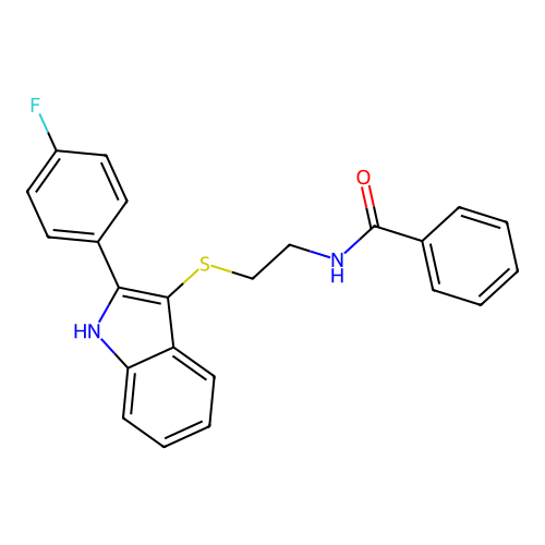 N-(2-((2-(4-fluorophenyl)-1H-indol-3-yl)thio)ethyl)benzamide structure