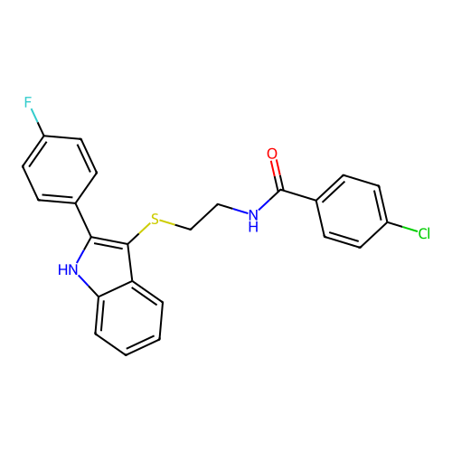 4-chloro-N-(2-((2-(4-fluorophenyl)-1H-indol-3-yl)thio)ethyl)benzamide structure