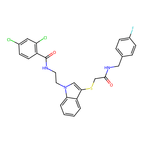 2,4-dichloro-N-[2-[3-[2-[(4-fluorophenyl)methylamino]-2-oxoethyl]sulfanylindol-1-yl]ethyl]benzamide structure