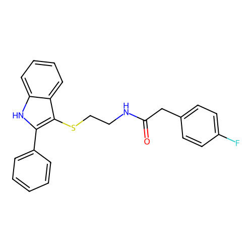 2-(4-fluorophenyl)-N-(2-((2-phenyl-1H-indol-3-yl)thio)ethyl)acetamide structure