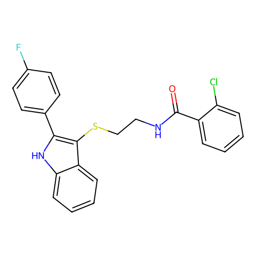 2-chloro-N-(2-((2-(4-fluorophenyl)-1H-indol-3-yl)thio)ethyl)benzamide structure