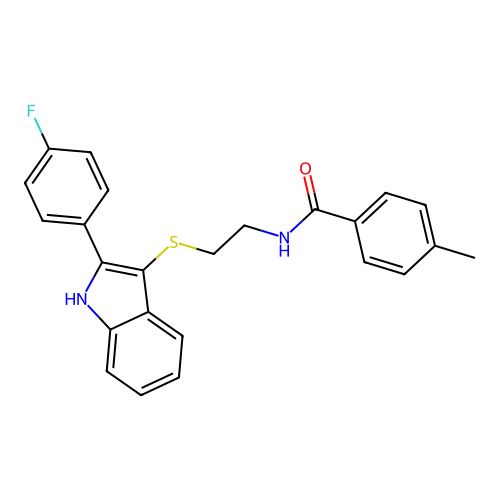 N-(2-((2-(4-fluorophenyl)-1H-indol-3-yl)thio)ethyl)-4-methylbenzamide structure