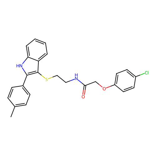 2-(4-chlorophenoxy)-N-(2-((2-(p-tolyl)-1H-indol-3-yl)thio)ethyl)acetamide structure