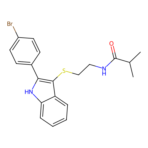 N-(2-((2-(4-bromophenyl)-1H-indol-3-yl)thio)ethyl)isobutyramide structure