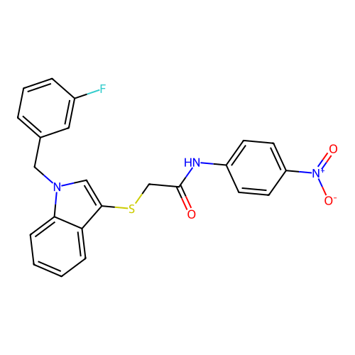 2-[1-[(3-fluorophenyl)methyl]indol-3-yl]sulfanyl-N-(4-nitrophenyl)acetamide structure