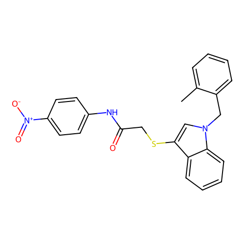 2-[1-[(2-methylphenyl)methyl]indol-3-yl]sulfanyl-N-(4-nitrophenyl)acetamide structure