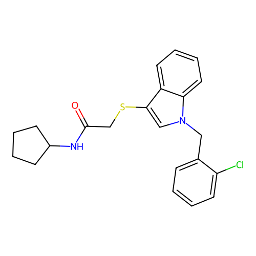 2-[1-[(2-chlorophenyl)methyl]indol-3-yl]sulfanyl-N-cyclopentylacetamide structure