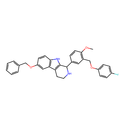 1-[3-[(4-fluorophenoxy)methyl]-4-methoxyphenyl]-6-phenylmethoxy-2,3,4,9-tetrahydro-1H-pyrido[3,4-b]indole structure