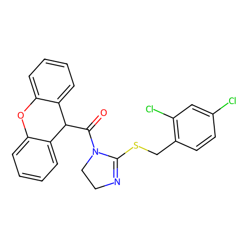 (2-((2,4-dichlorobenzyl)thio)-4,5-dihydro-1H-imidazol-1-yl)(9H-xanthen-9-yl)methanone structure