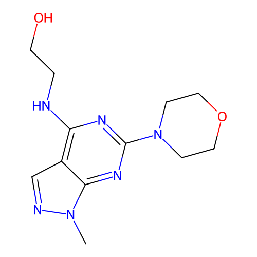 2-((1-methyl-6-morpholino-1H-pyrazolo[3,4-d]pyrimidin-4-yl)amino)ethanol structure
