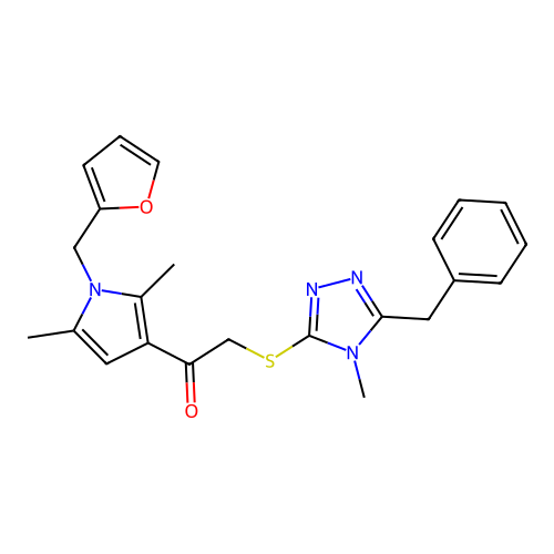 2-((5-benzyl-4-methyl-4H-1,2,4-triazol-3-yl)thio)-1-(1-(furan-2-ylmethyl)-2,5-dimethyl-1H-pyrrol-3-yl)ethanone structure