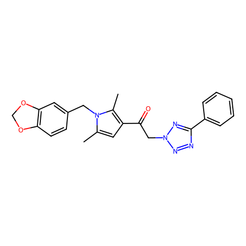 1-{1-[(2H-1,3-benzodioxol-5-yl)methyl]-2,5-dimethyl-1H-pyrrol-3-yl}-2-(5-phenyl-2H-1,2,3,4-tetrazol-2-yl)ethan-1-one structure