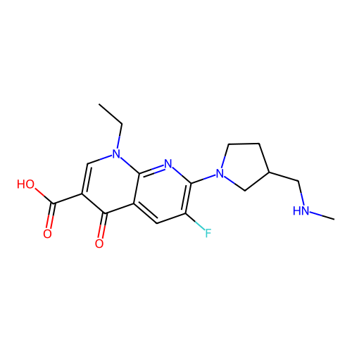 1-ethyl-6-fluoro-7-{3-[(methylamino)methyl]pyrrolidin-1-yl}-4-oxo-1,4-dihydro-1,8-naphthyridine-3-carboxylic acid structure
