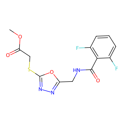 Methyl 2-((5-((2,6-difluorobenzamido)methyl)-1,3,4-oxadiazol-2-yl)thio)acetate structure