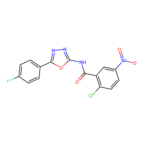 2-chloro-N-[5-(4-fluorophenyl)-1,3,4-oxadiazol-2-yl]-5-nitrobenzamide structure