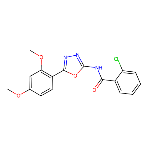 2-chloro-N-[5-(2,4-dimethoxyphenyl)-1,3,4-oxadiazol-2-yl]benzamide structure