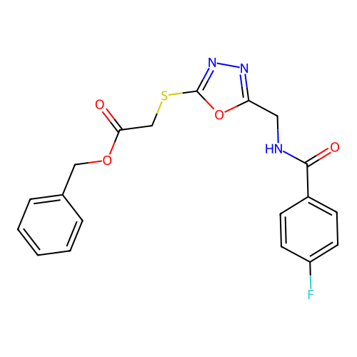 Benzyl 2-((5-((4-fluorobenzamido)methyl)-1,3,4-oxadiazol-2-yl)thio)acetate structure