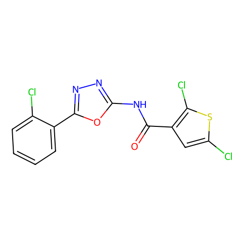 2,5-dichloro-N-[5-(2-chlorophenyl)-1,3,4-oxadiazol-2-yl]thiophene-3-carboxamide structure