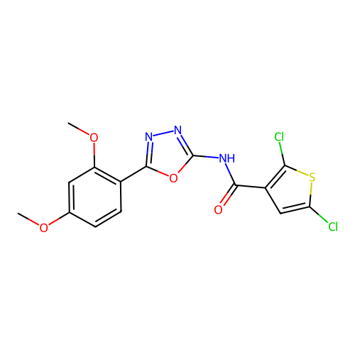 2,5-dichloro-N-[5-(2,4-dimethoxyphenyl)-1,3,4-oxadiazol-2-yl]thiophene-3-carboxamide structure