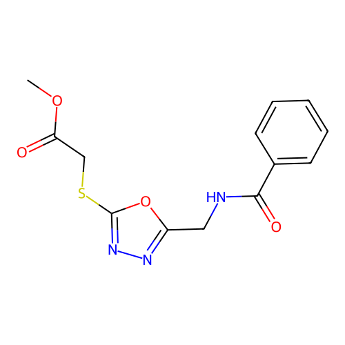 Methyl 2-((5-(benzamidomethyl)-1,3,4-oxadiazol-2-yl)thio)acetate structure