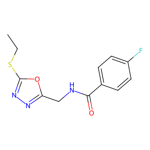 N-[(5-ethylsulfanyl-1,3,4-oxadiazol-2-yl)methyl]-4-fluorobenzamide structure