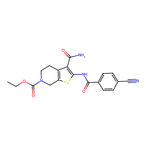 ethyl 3-carbamoyl-2-(4-cyanobenzamido)-4,5-dihydrothieno[2,3-c]pyridine-6(7H)-carboxylate structure