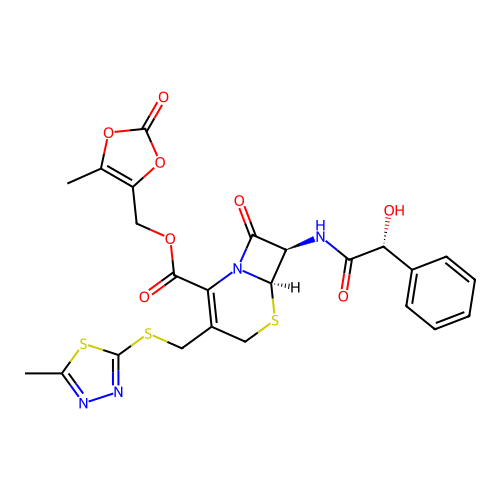5-Thia-1-azabicyclo[4.2.0]oct-2-ene-2-carboxylic acid, 7-[[(2R)-hydroxyphenylacetyl]amino]-3-[[(5-methyl-1,3,4-thiadiazol-2-yl)thio]methyl]-8-oxo-, (5-methyl-2-oxo-1,3-dioxol-4-yl)methyl ester, (6R,7R)- structure