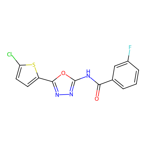 N-[5-(5-chlorothiophen-2-yl)-1,3,4-oxadiazol-2-yl]-3-fluorobenzamide structure
