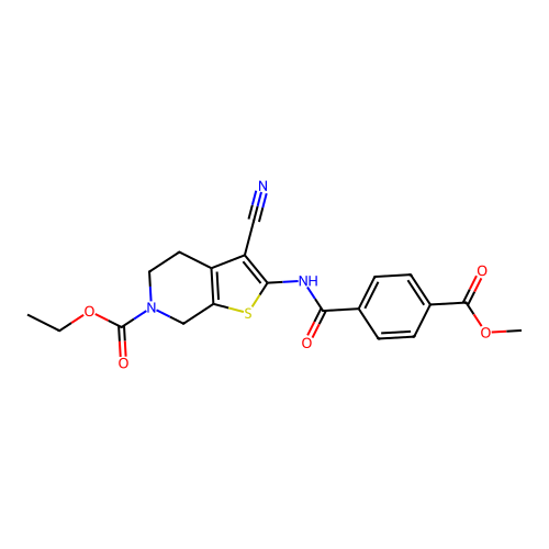 ethyl 3-cyano-2-(4-(methoxycarbonyl)benzamido)-4,5-dihydrothieno[2,3-c]pyridine-6(7H)-carboxylate structure