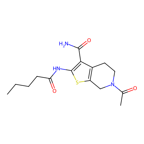6-Acetyl-2-pentanamido-4,5,6,7-tetrahydrothieno[2,3-c]pyridine-3-carboxamide structure