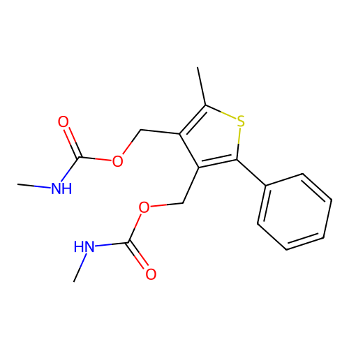 [2-methyl-4-(methylcarbamoyloxymethyl)-5-phenylthiophen-3-yl]methyl N-methylcarbamate structure
