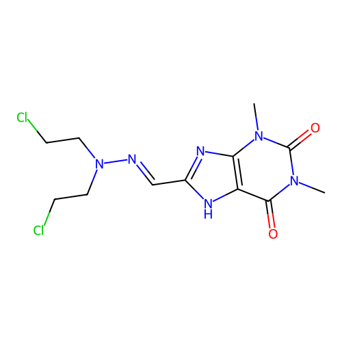 8-[[bis(2-chloroethyl)hydrazinylidene]methyl]-1,3-dimethyl-7H-purine-2,6-dione structure